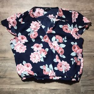 Navy Floral Top w/ front Button Size L